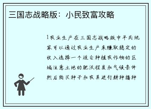 三国志战略版：小民致富攻略